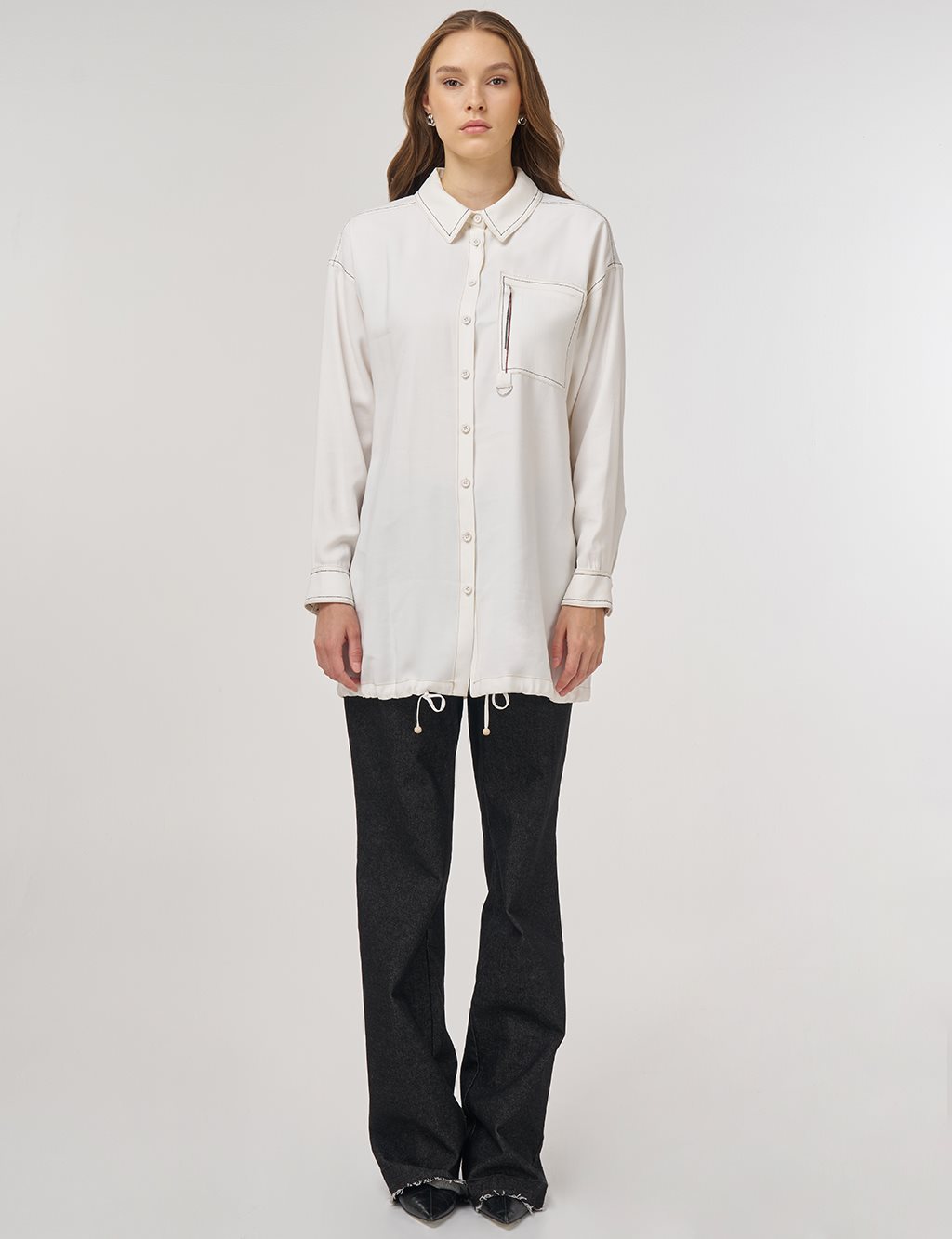 Punto-Stitched Chain-Embellished Tunic Ecru