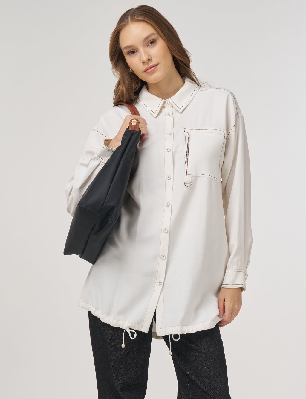 Punto-Stitched Chain-Embellished Tunic Ecru