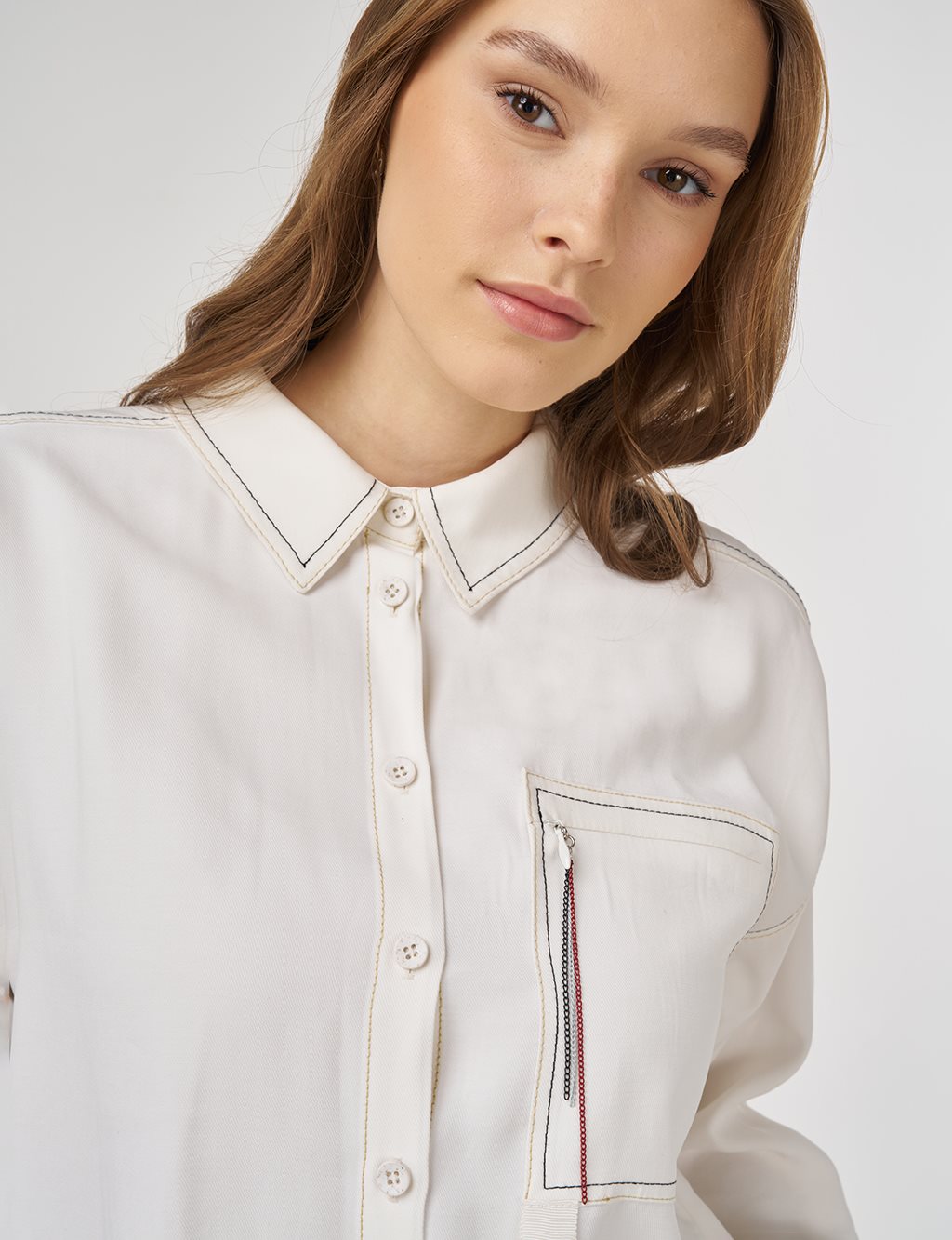 Punto-Stitched Chain-Embellished Tunic Ecru