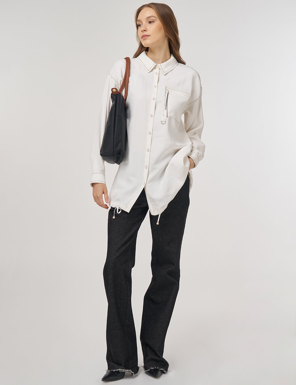 Punto-Stitched Chain-Embellished Tunic Ecru