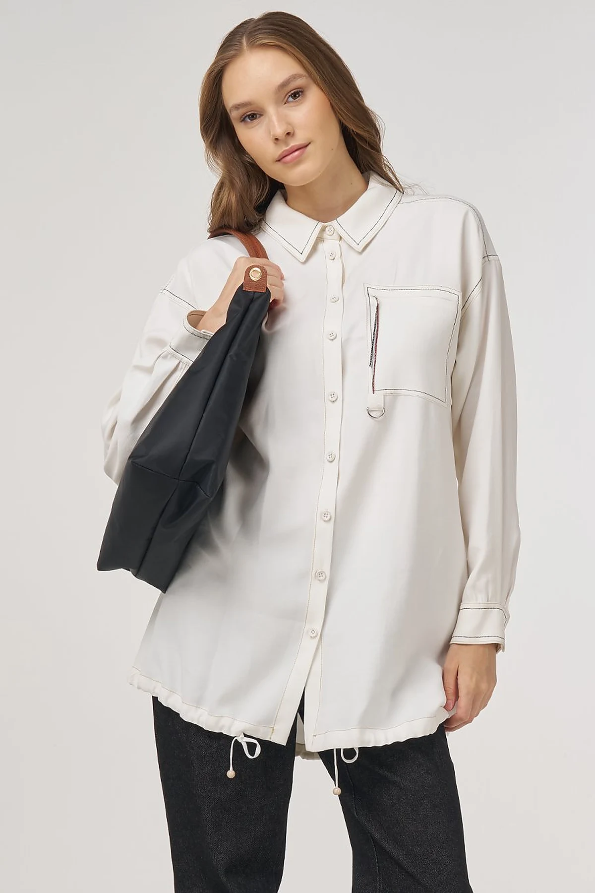 Punto-Stitched Chain-Embellished Tunic Ecru