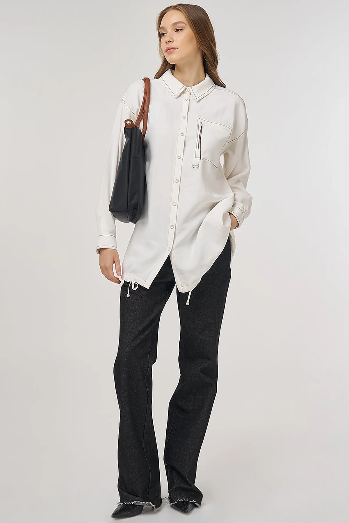 Punto-Stitched Chain-Embellished Tunic Ecru