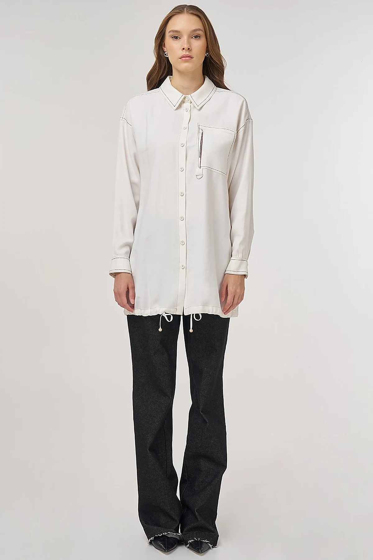 Punto-Stitched Chain-Embellished Tunic Ecru