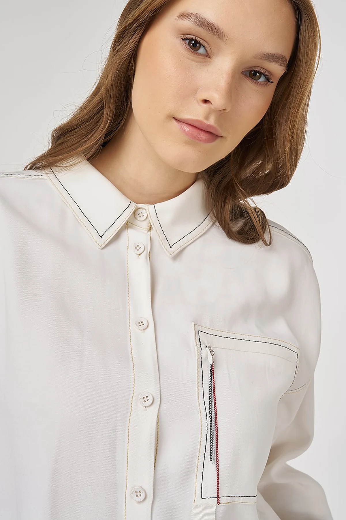 Punto-Stitched Chain-Embellished Tunic Ecru