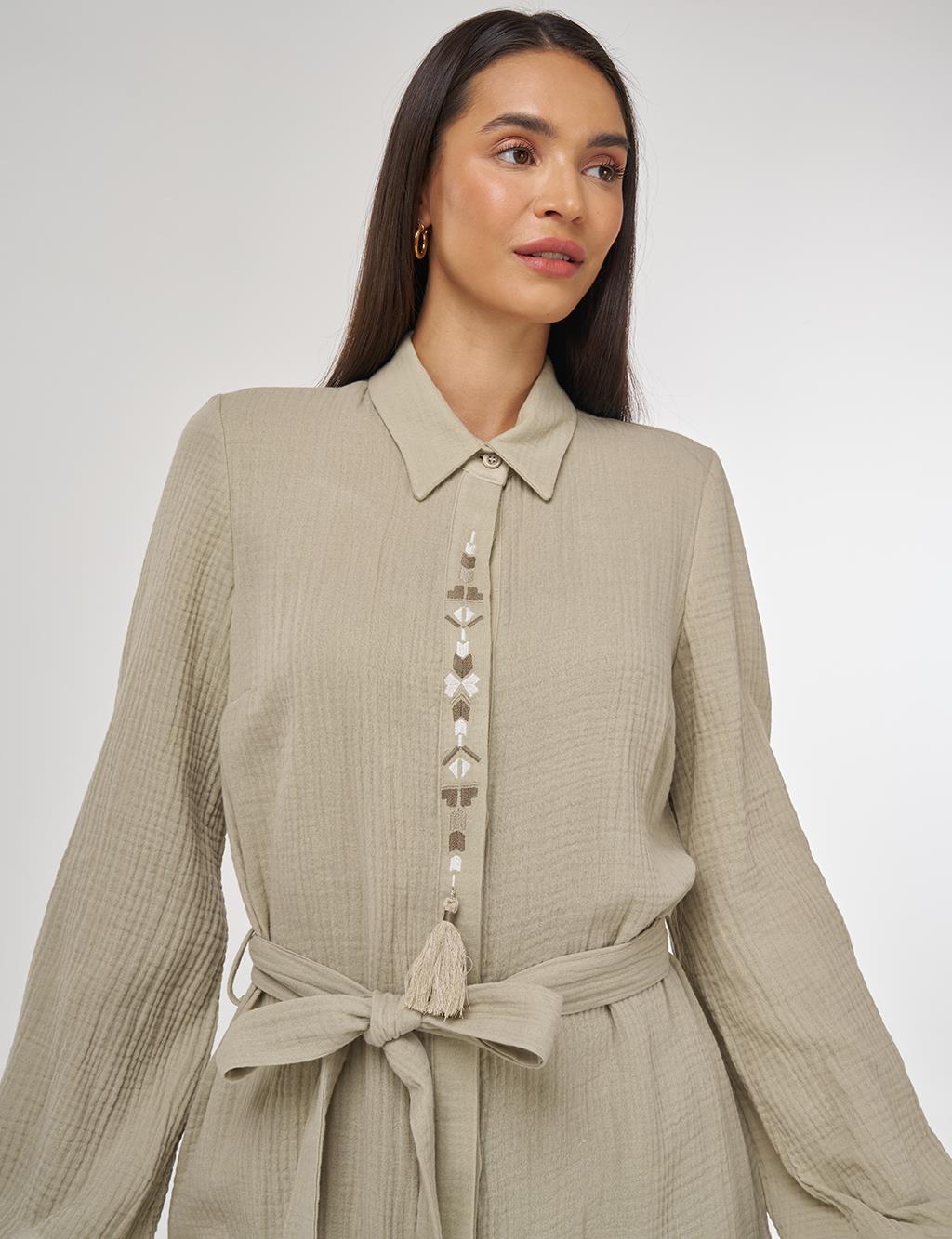 Püskül Detaylı Müslin İkili Takım Küf Yeşili