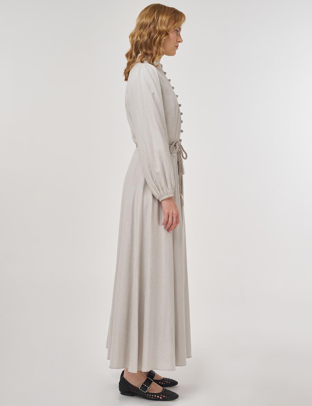 Rope-Belted Linen Viscose Maxi Dress Gray 