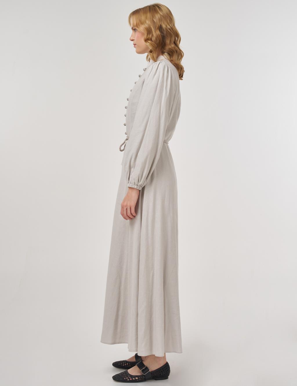 Rope-Belted Linen Viscose Maxi Dress Gray 