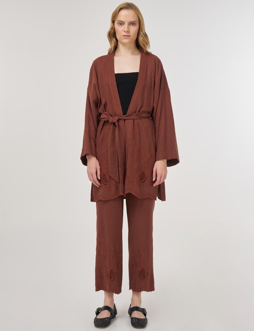 Embroidered Appliqué Linen-Viscose Kimono Set Brown