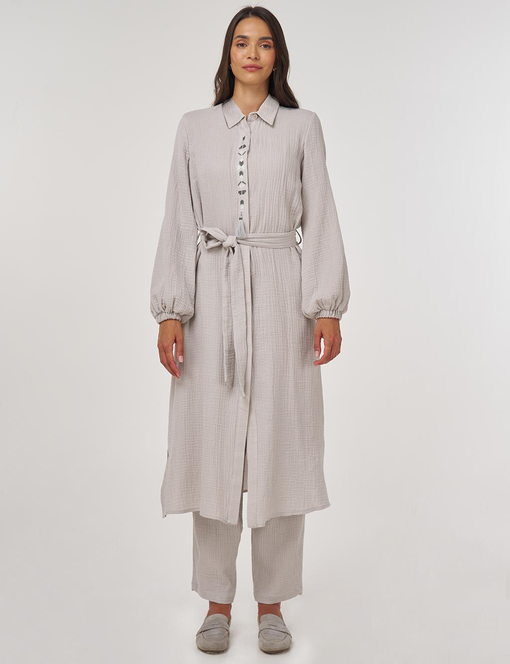 Püskül Detaylı Müslin İkili Takım Açık Gri