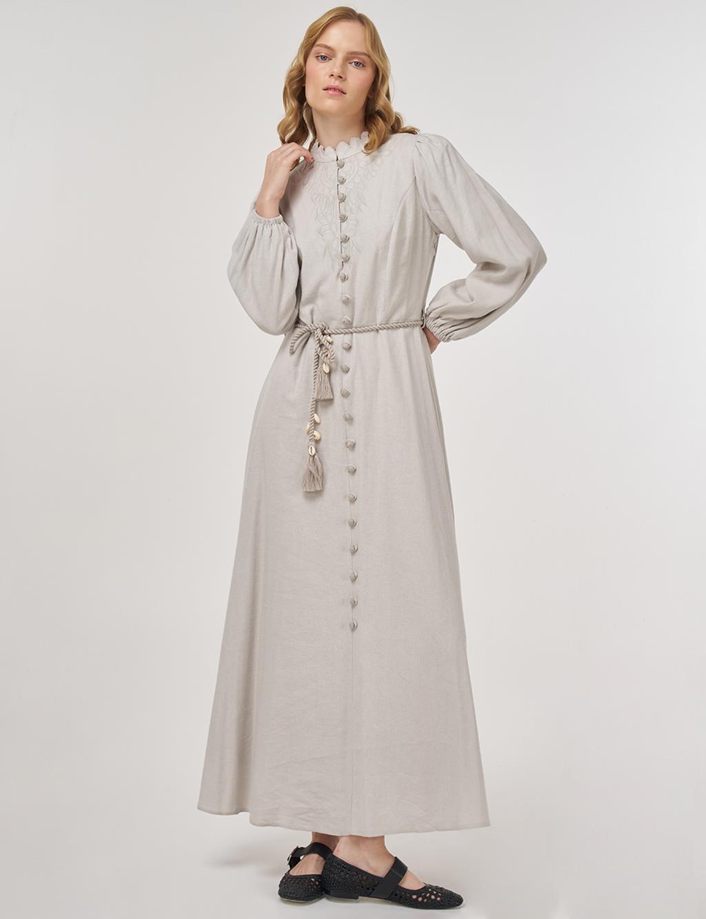 Rope-Belted Linen Viscose Maxi Dress Gray 