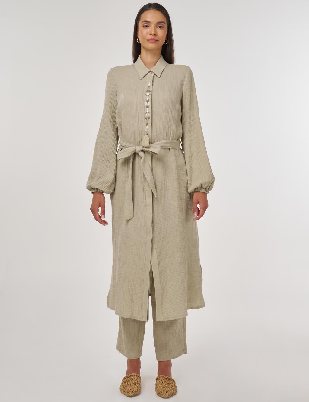 Püskül Detaylı Müslin İkili Takım Küf Yeşili