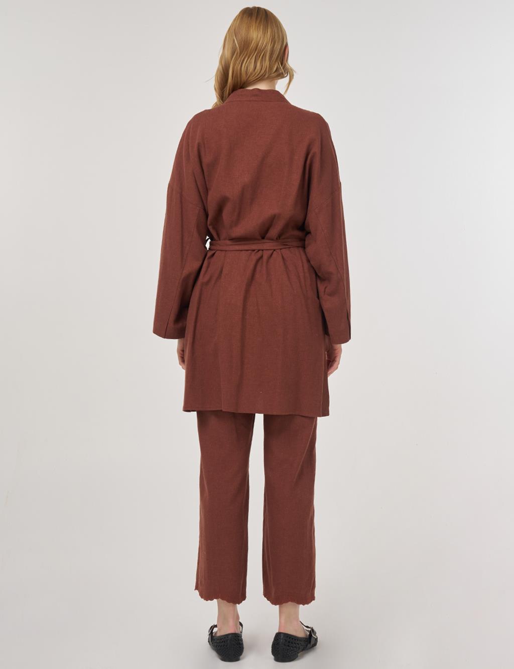 Embroidered Appliqué Linen-Viscose Kimono Set Brown