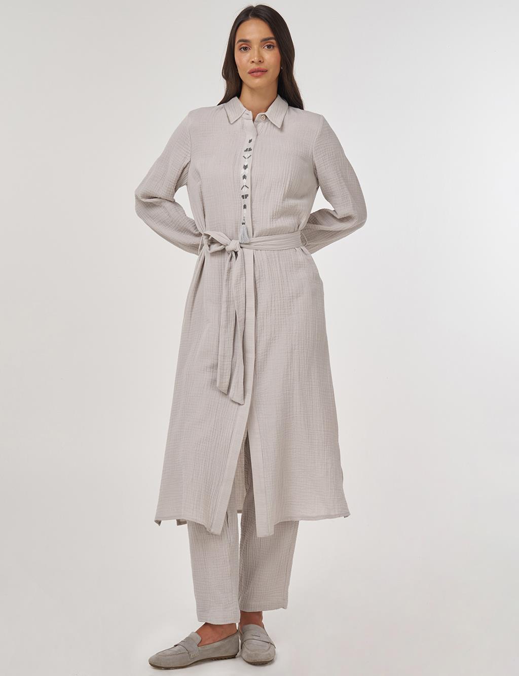 Püskül Detaylı Müslin İkili Takım Açık Gri