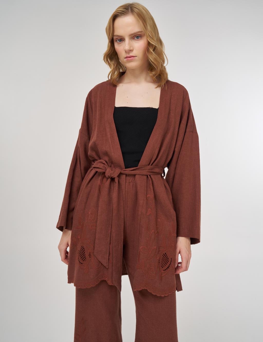 Embroidered Appliqué Linen-Viscose Kimono Set Brown