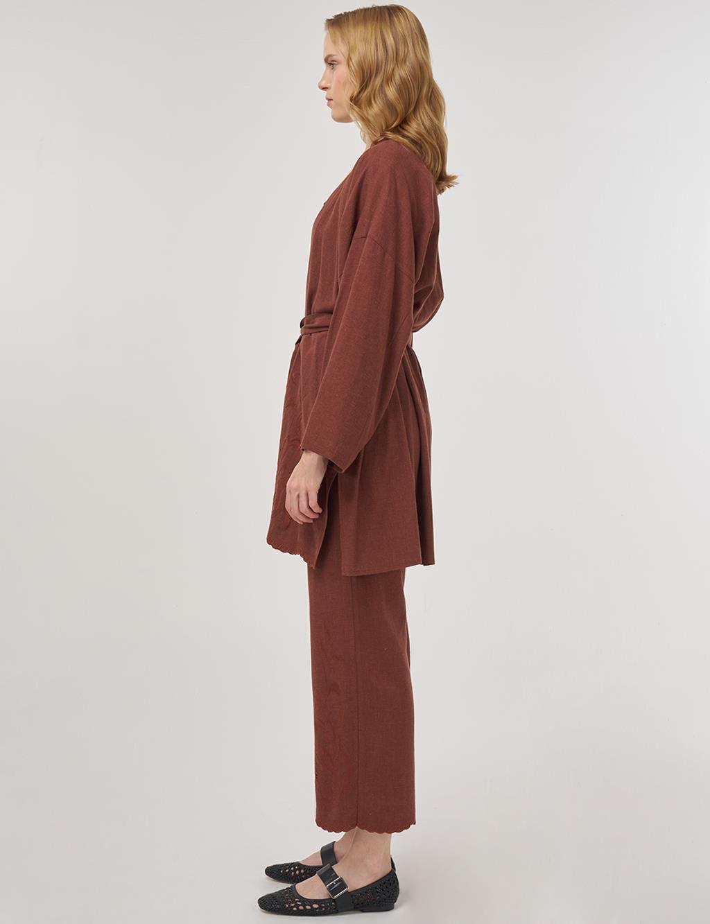 Embroidered Appliqué Linen-Viscose Kimono Set Brown