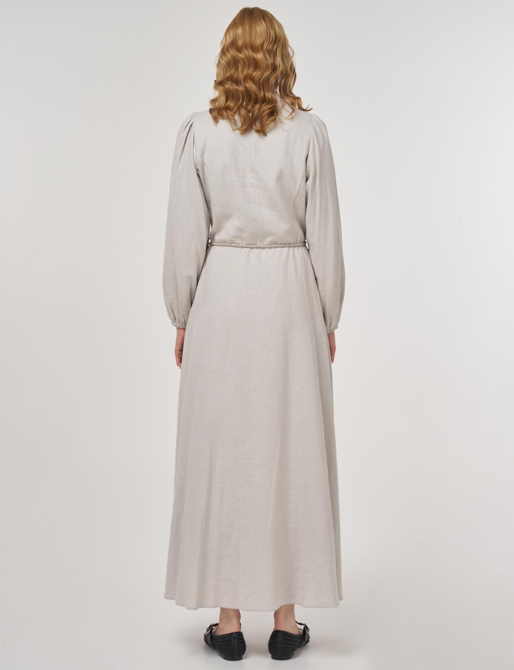 Rope-Belted Linen Viscose Maxi Dress Gray 