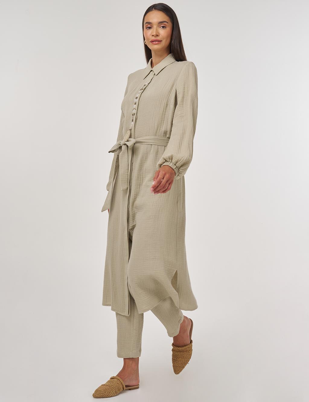 Püskül Detaylı Müslin İkili Takım Küf Yeşili