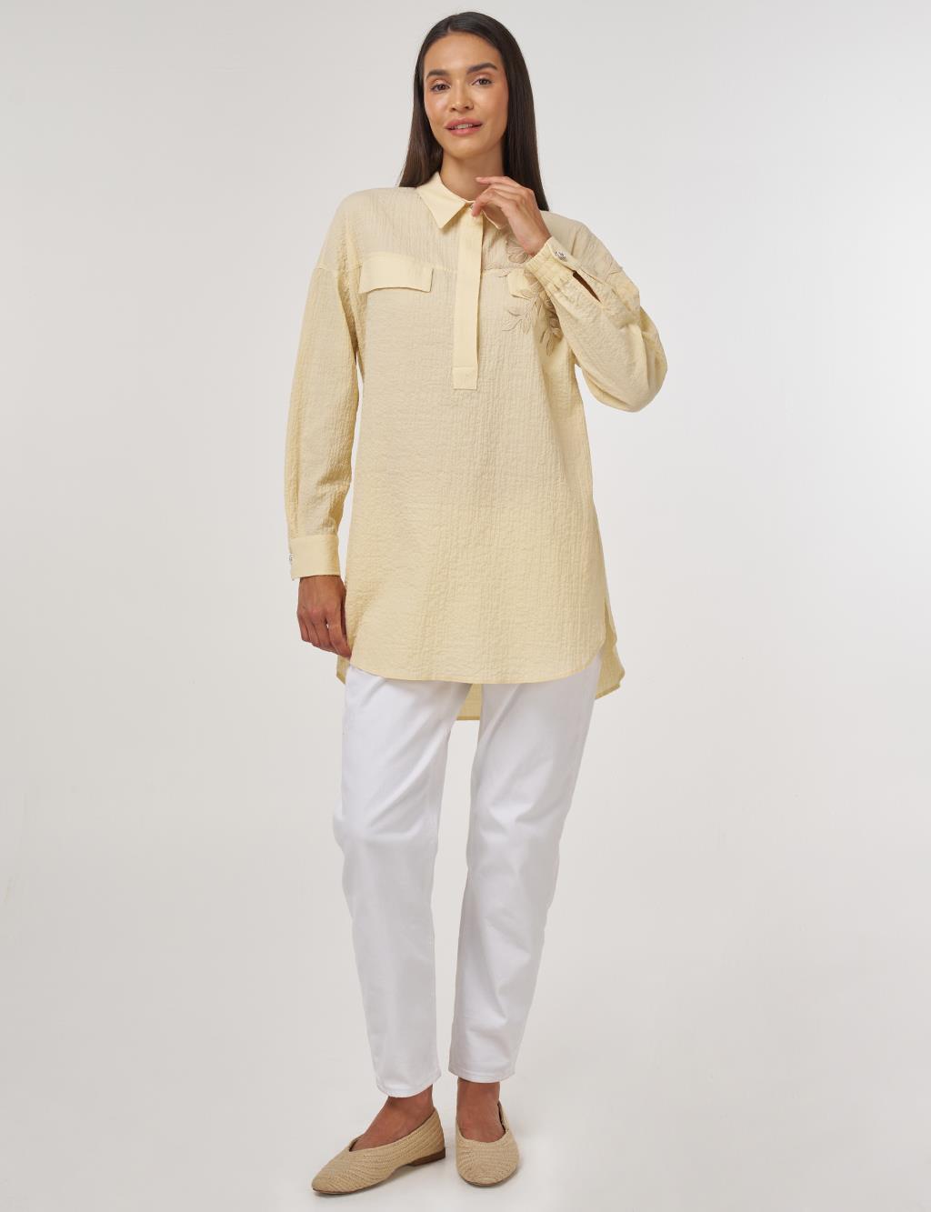 Flap-Pocket Cotton Blouse Light Yellow