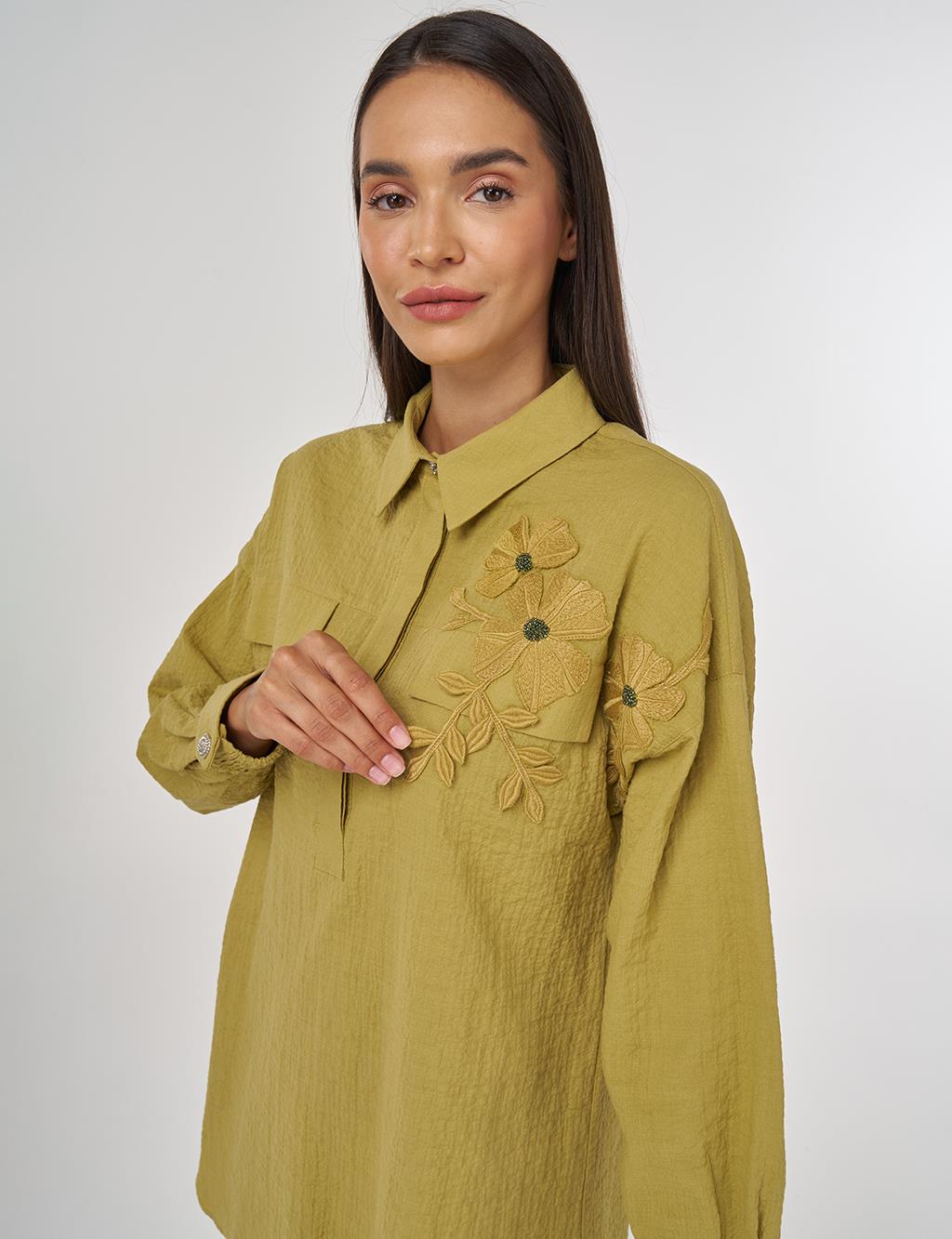 Flap-Pocket Cotton Blouse Khaki
