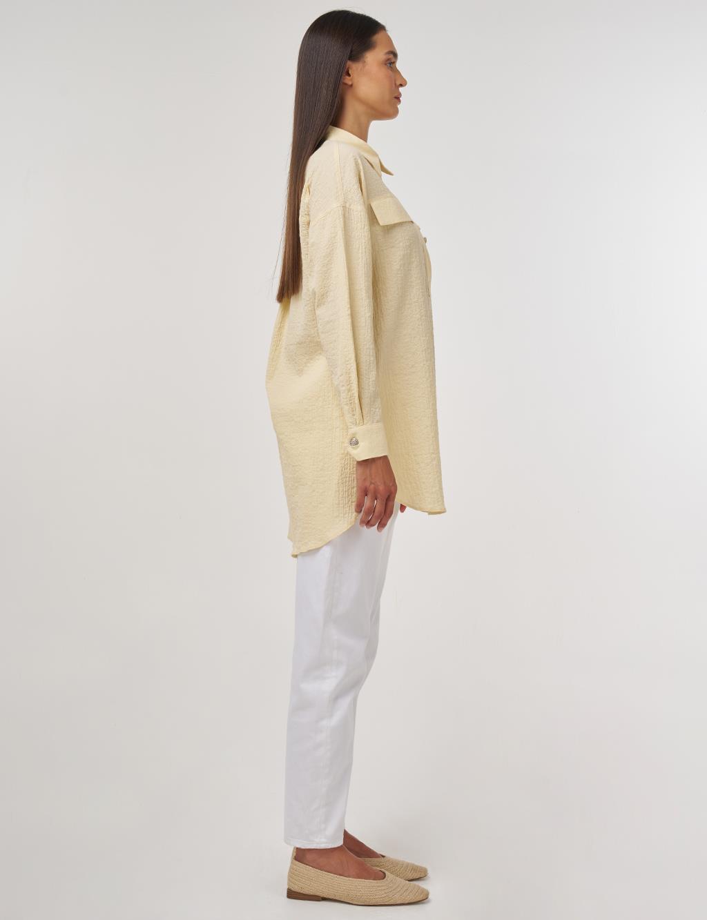Flap-Pocket Cotton Blouse Light Yellow