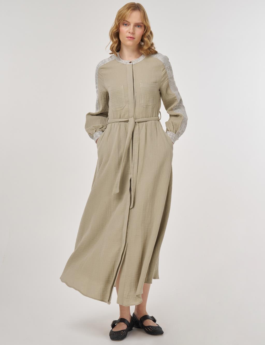 Jacquard-Trimmed Muslin Dress Moss Green
