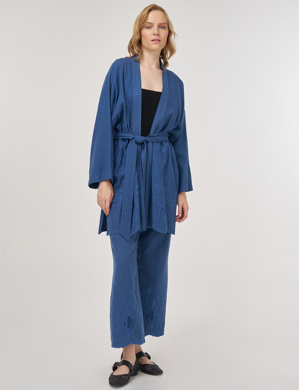Nakış Aplikeli Keten Viskon Kimono Takım İndigo