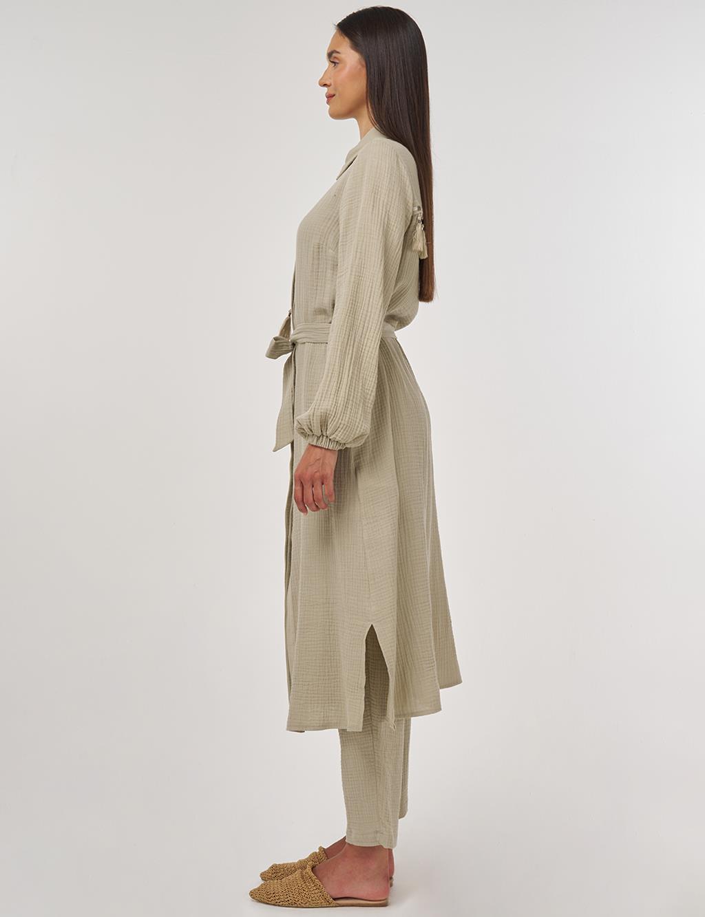 Püskül Detaylı Müslin İkili Takım Küf Yeşili