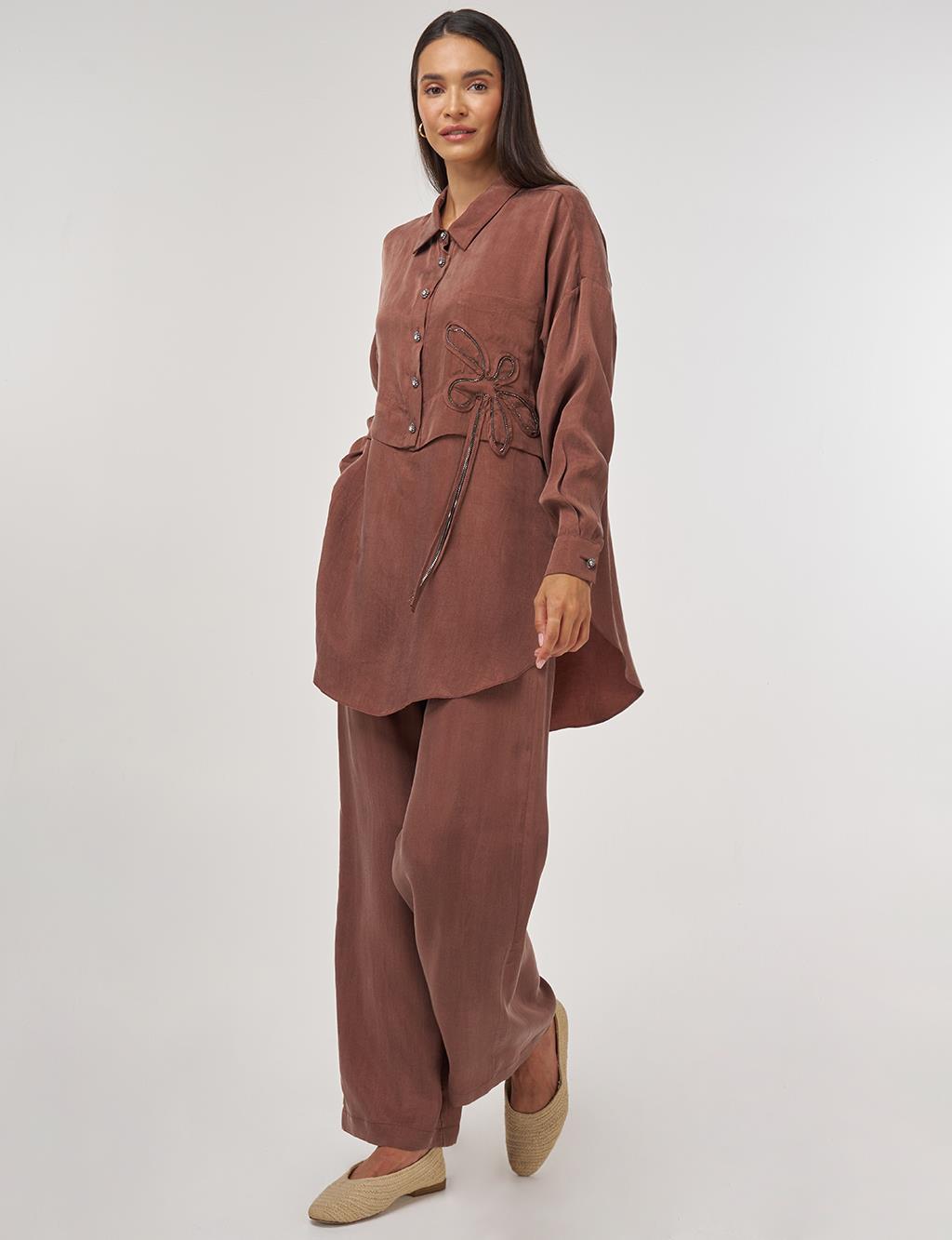 Embroidered Lyocell Two-Piece Set Brown