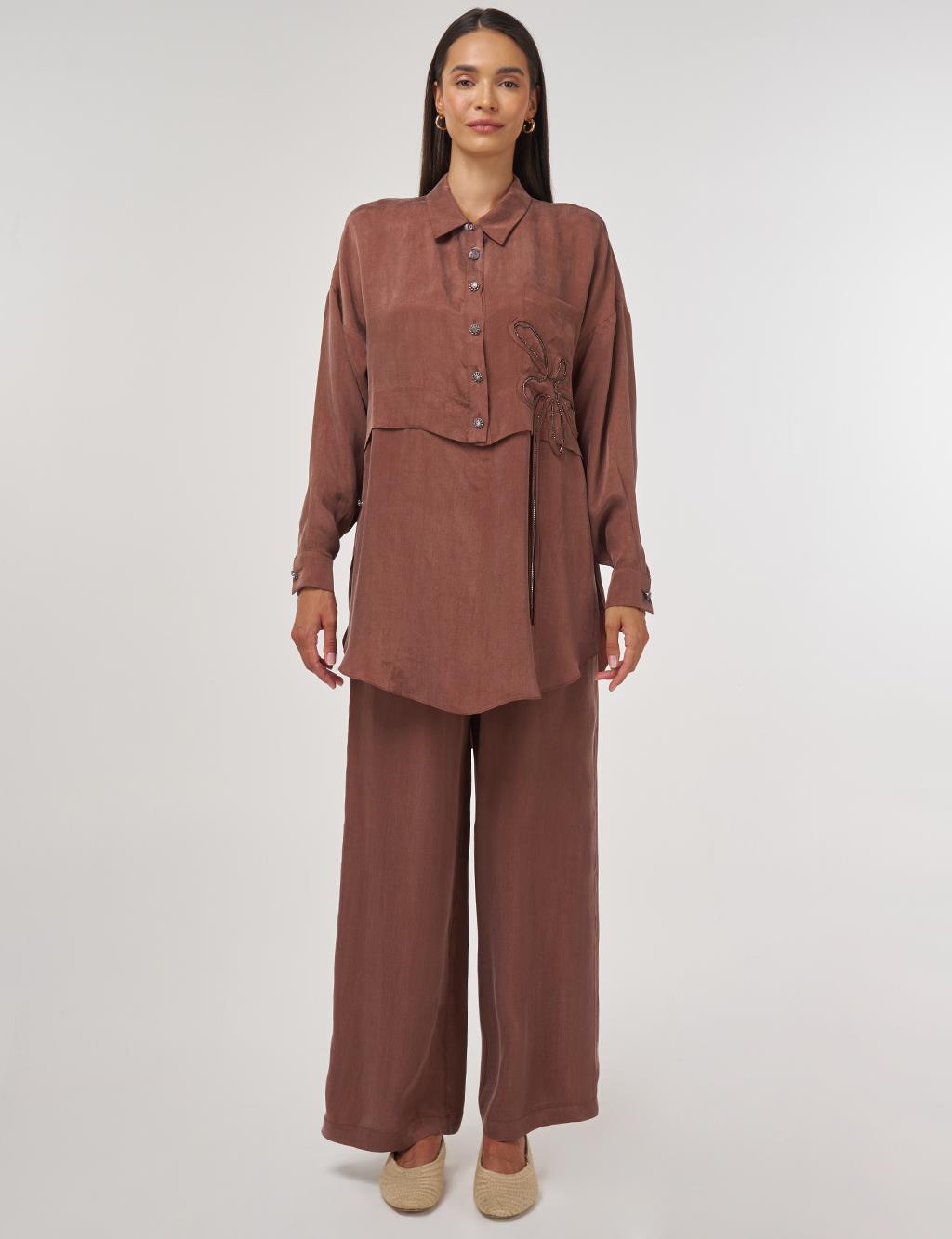 Embroidered Lyocell Two-Piece Set Brown