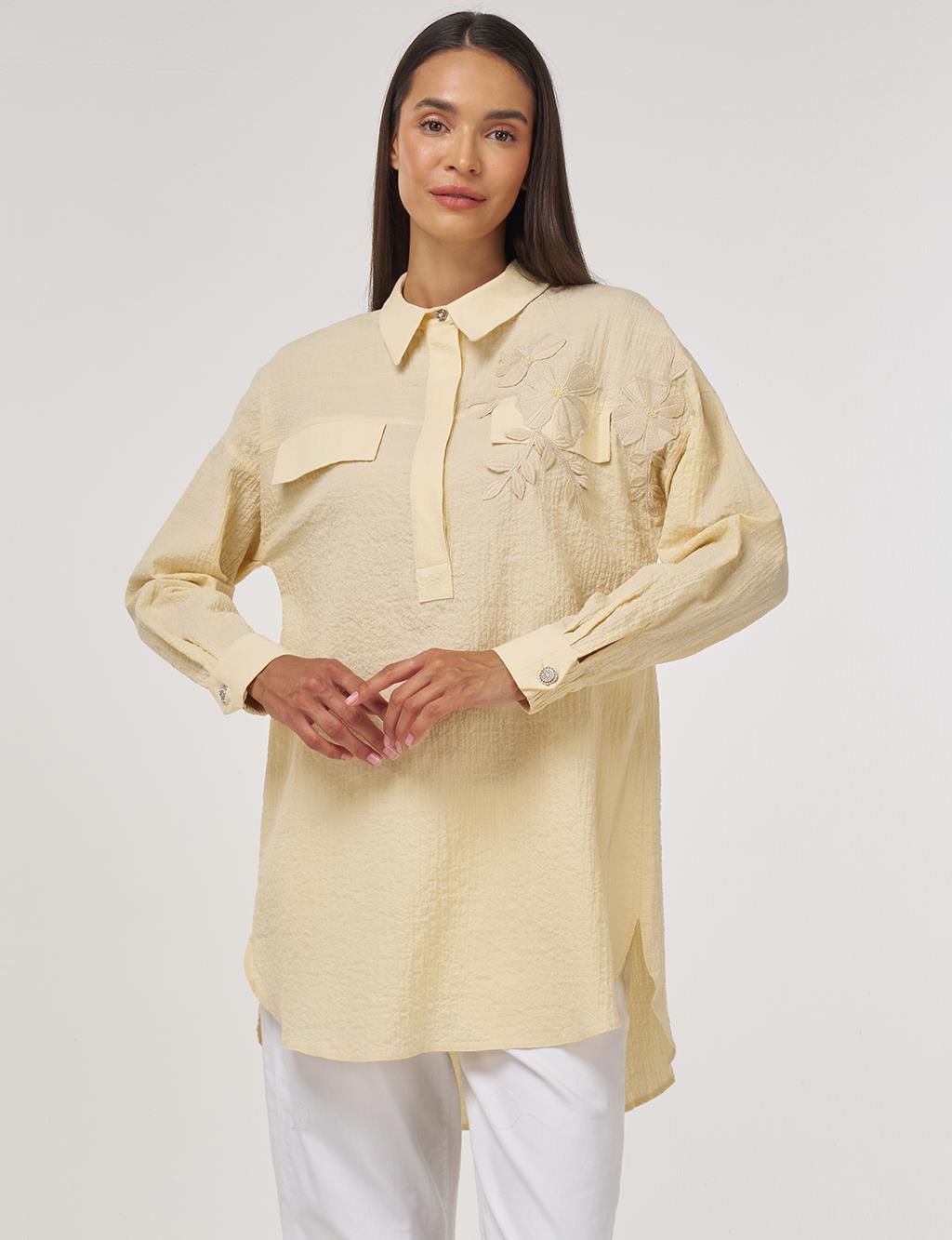 Flap-Pocket Cotton Blouse Light Yellow