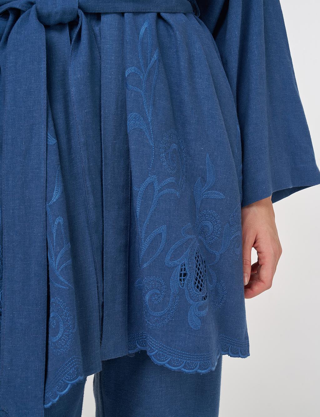 Nakış Aplikeli Keten Viskon Kimono Takım İndigo