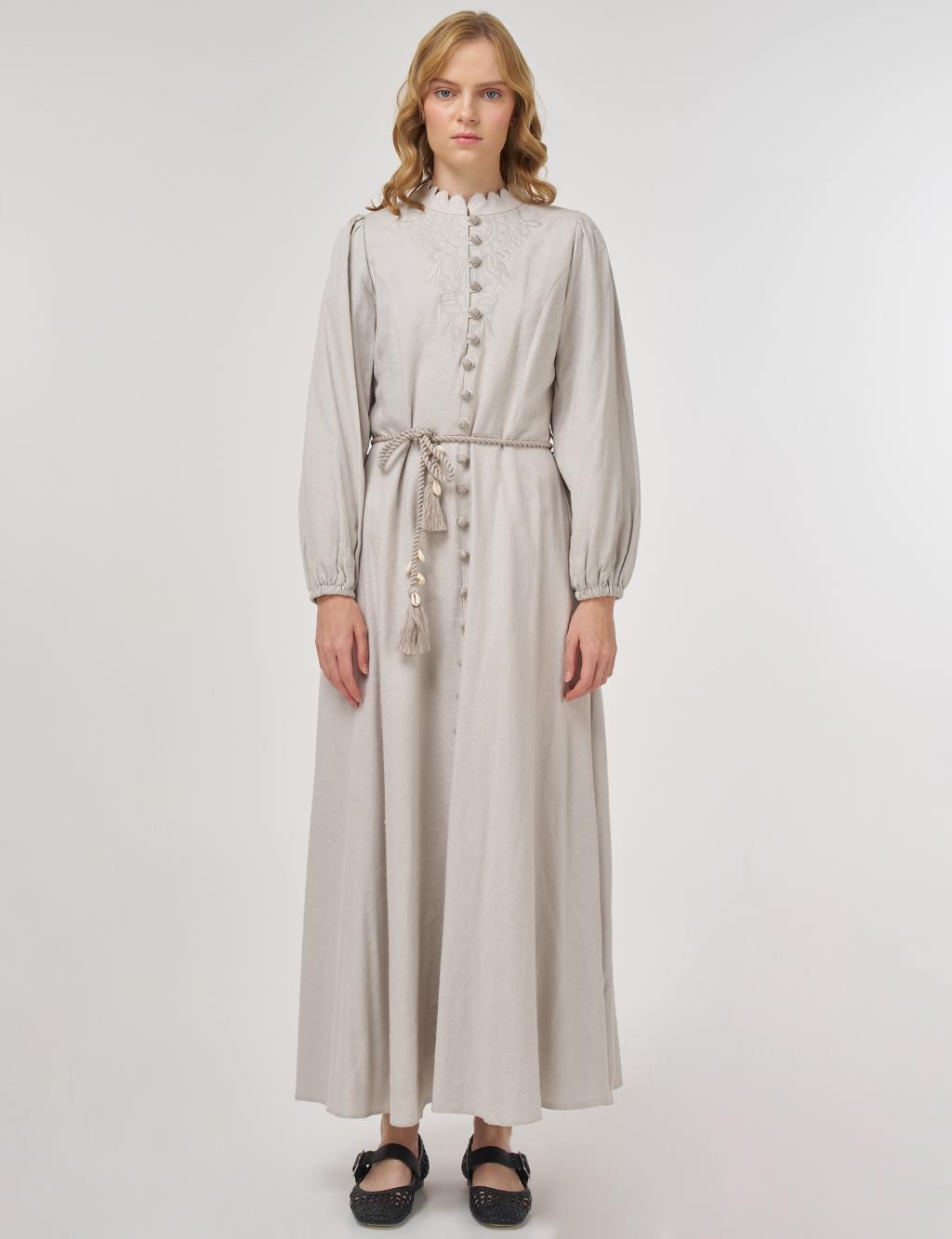 Rope-Belted Linen Viscose Maxi Dress Gray 