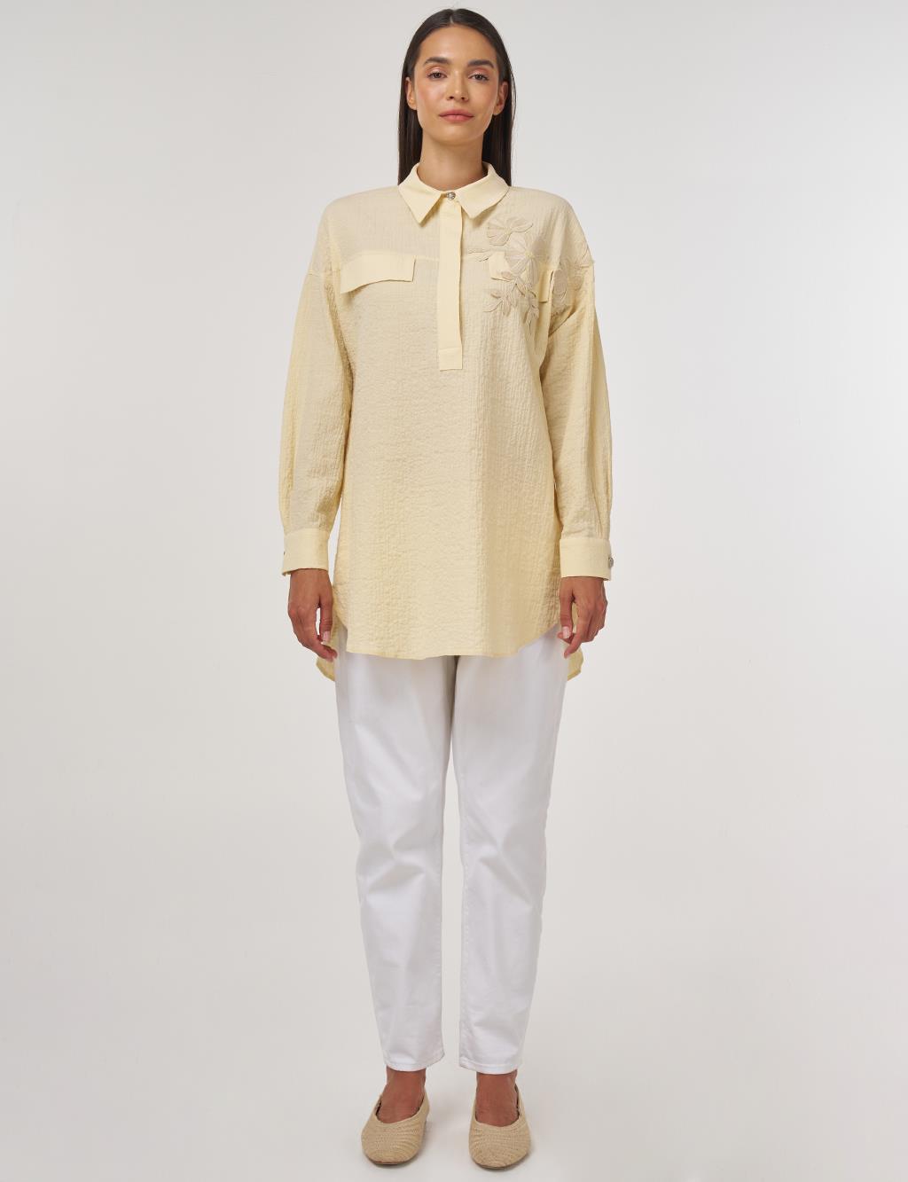 Flap-Pocket Cotton Blouse Light Yellow