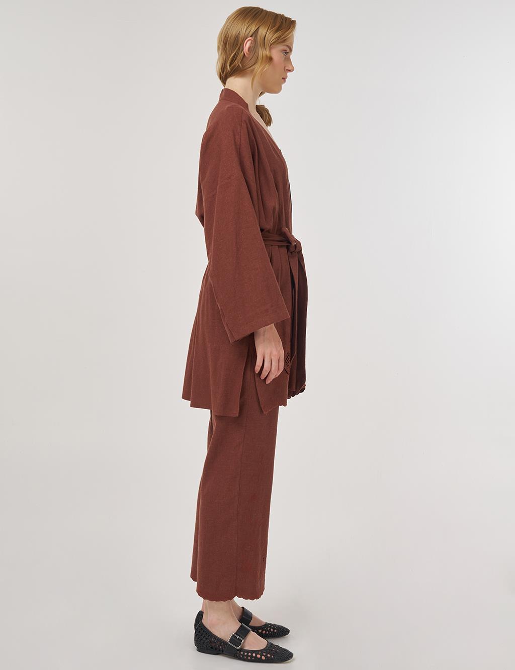 Embroidered Appliqué Linen-Viscose Kimono Set Brown