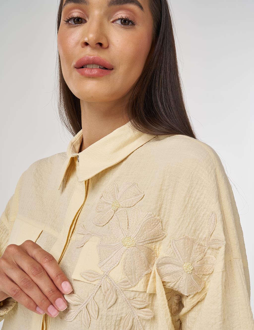 Flap-Pocket Cotton Blouse Light Yellow