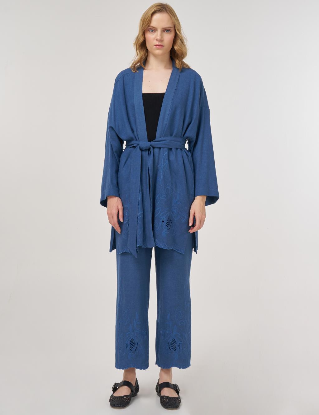 Nakış Aplikeli Keten Viskon Kimono Takım İndigo