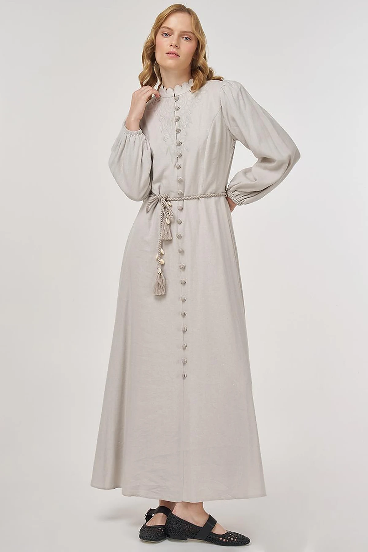 Rope-Belted Linen Viscose Maxi Dress Gray 