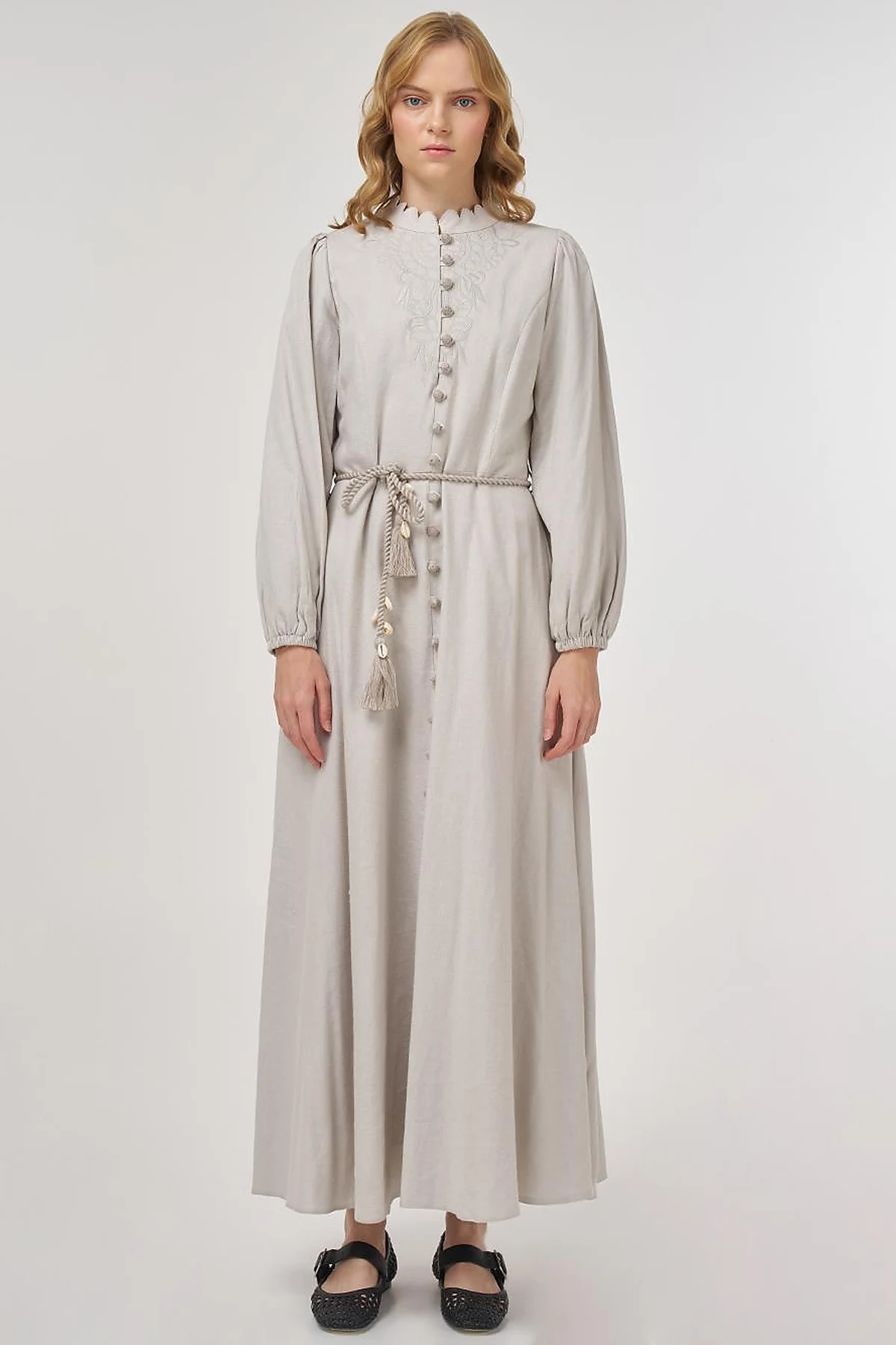 Rope-Belted Linen Viscose Maxi Dress Gray 