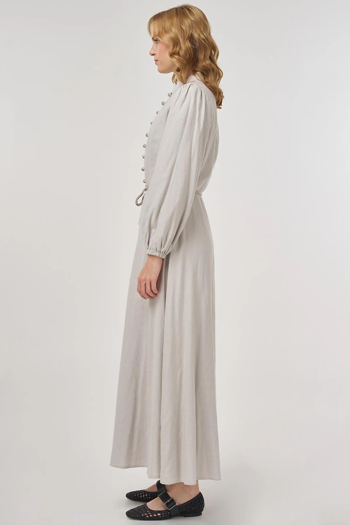 Rope-Belted Linen Viscose Maxi Dress Gray 