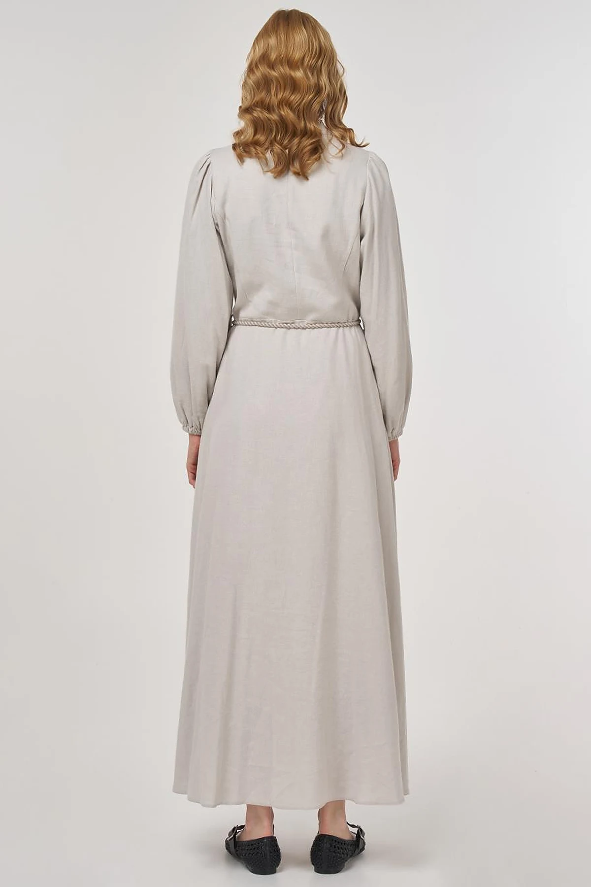 Rope-Belted Linen Viscose Maxi Dress Gray 