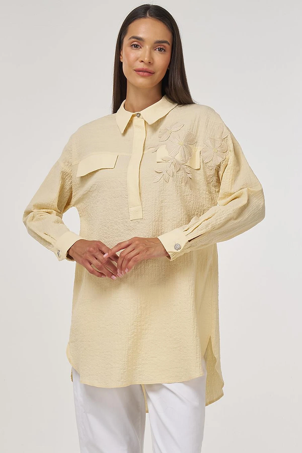 Flap-Pocket Cotton Blouse Light Yellow