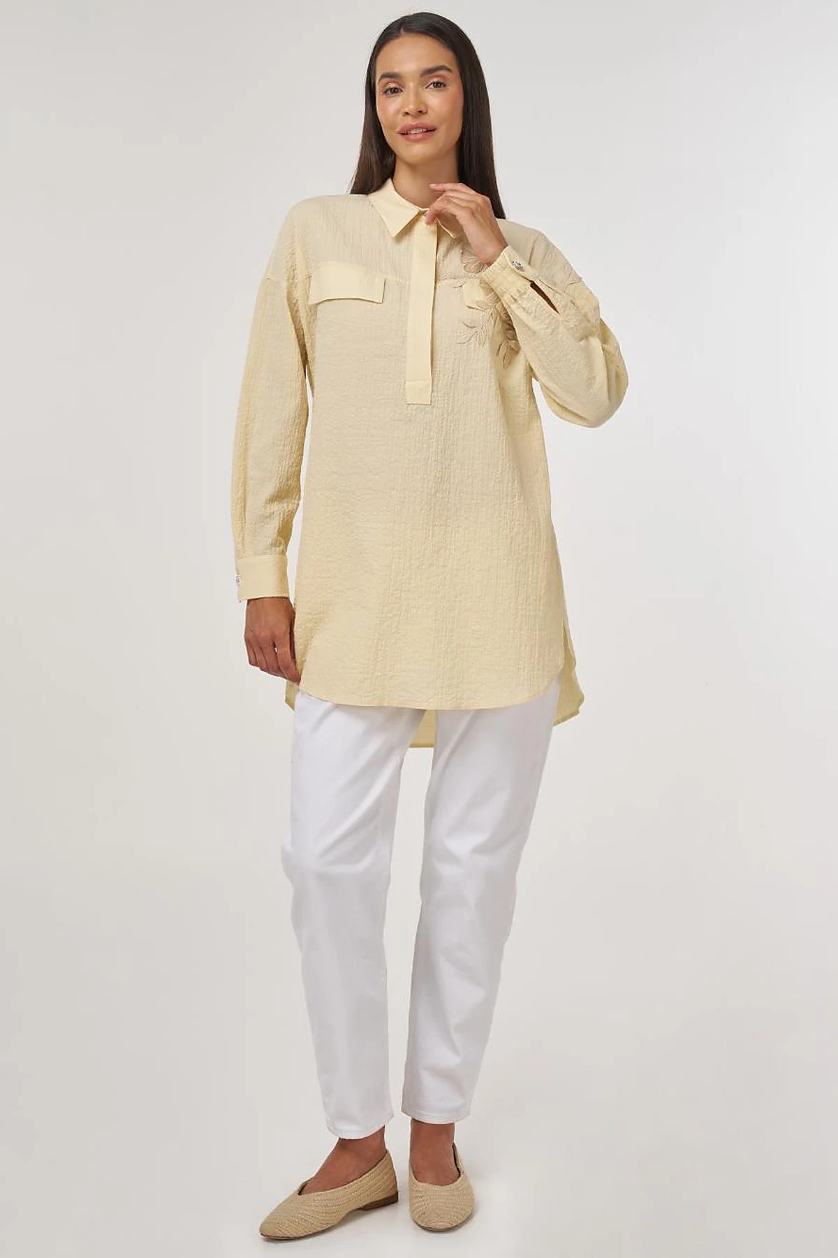 Flap-Pocket Cotton Blouse Light Yellow