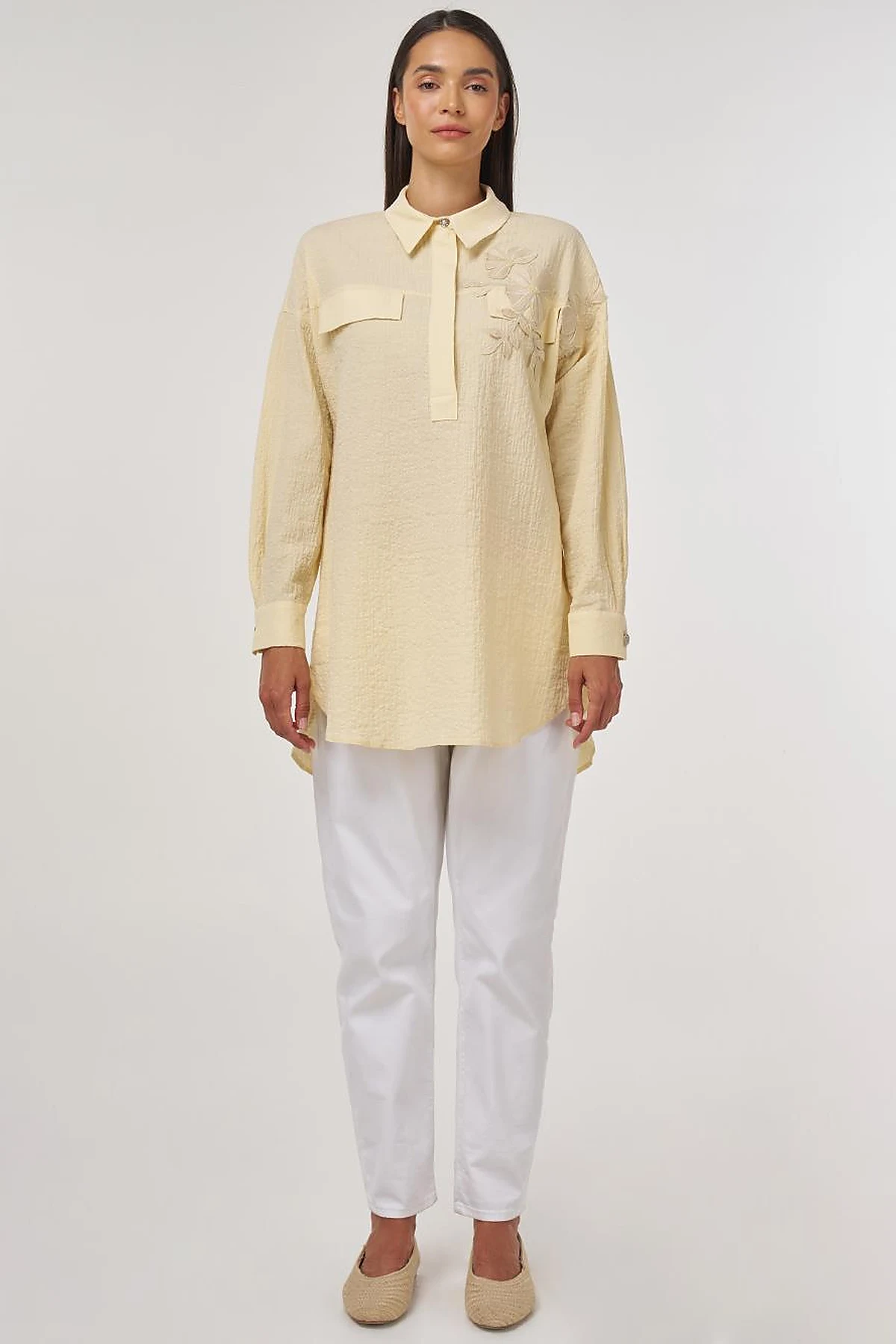 Flap-Pocket Cotton Blouse Light Yellow