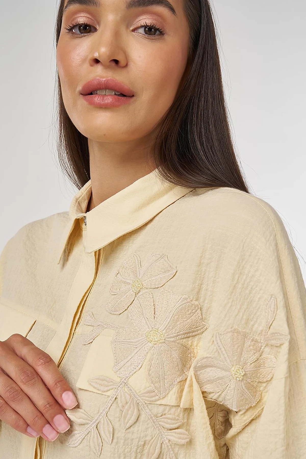 Flap-Pocket Cotton Blouse Light Yellow