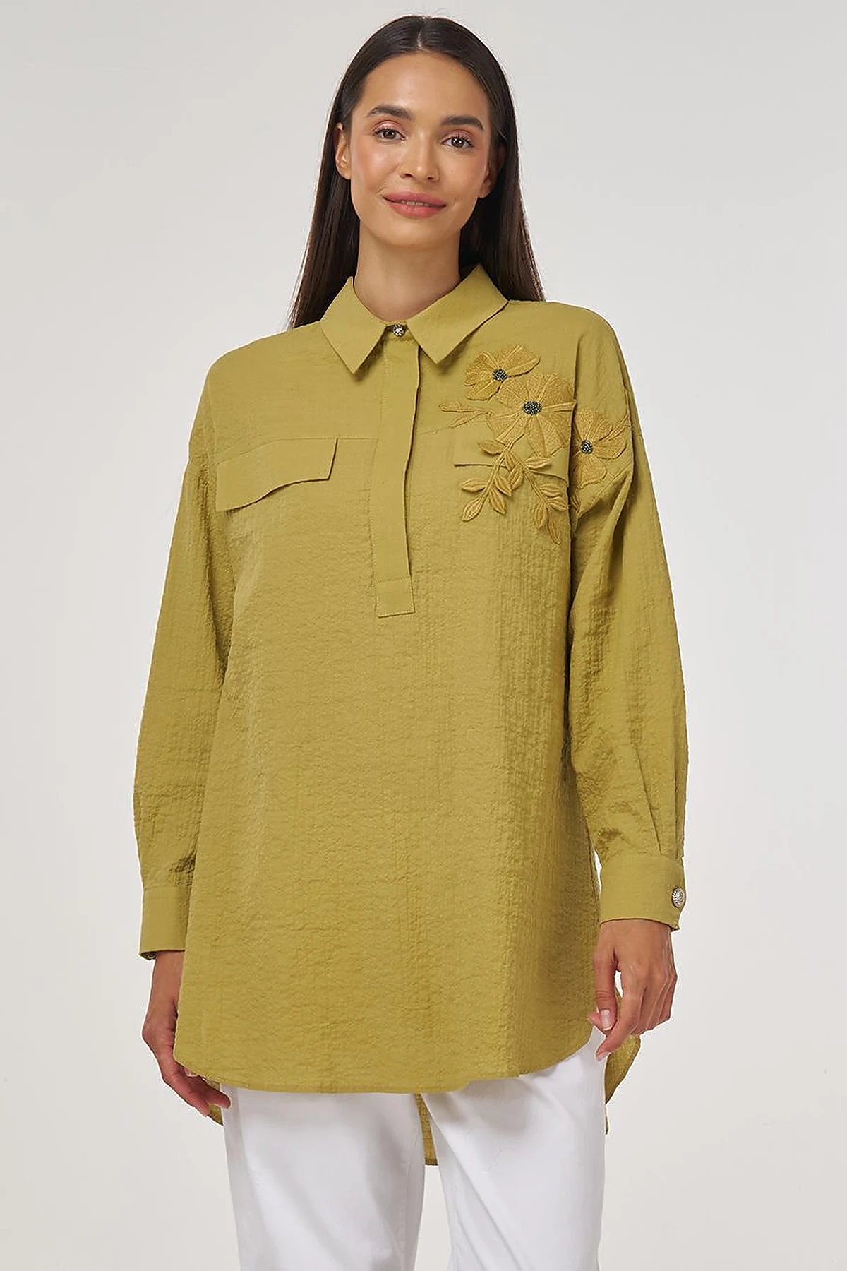 Flap-Pocket Cotton Blouse Khaki