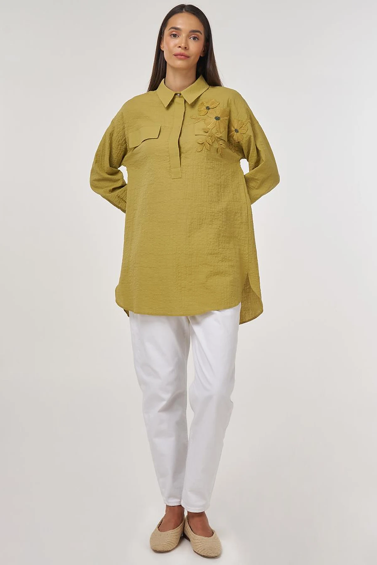 Flap-Pocket Cotton Blouse Khaki