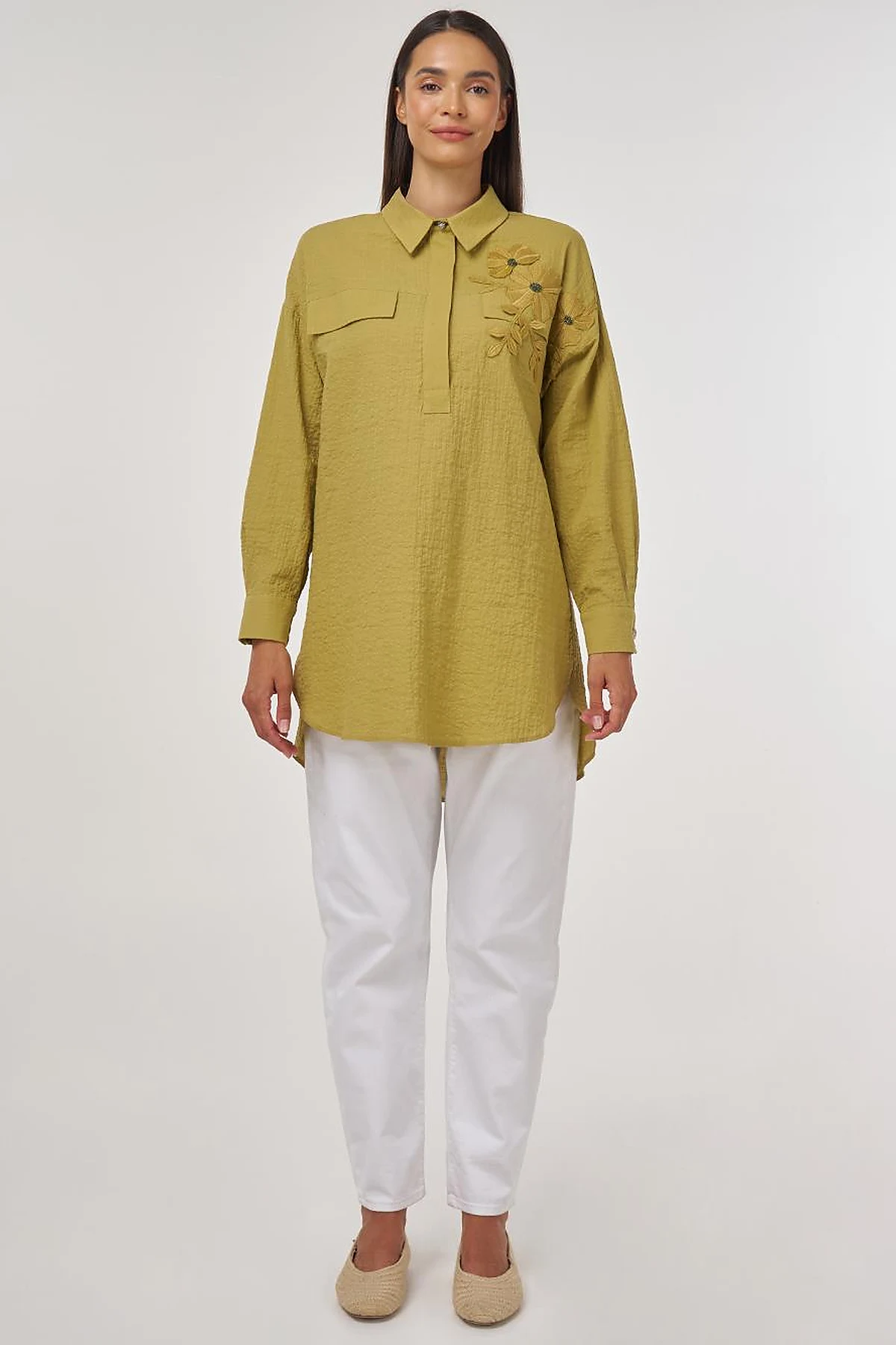 Flap-Pocket Cotton Blouse Khaki