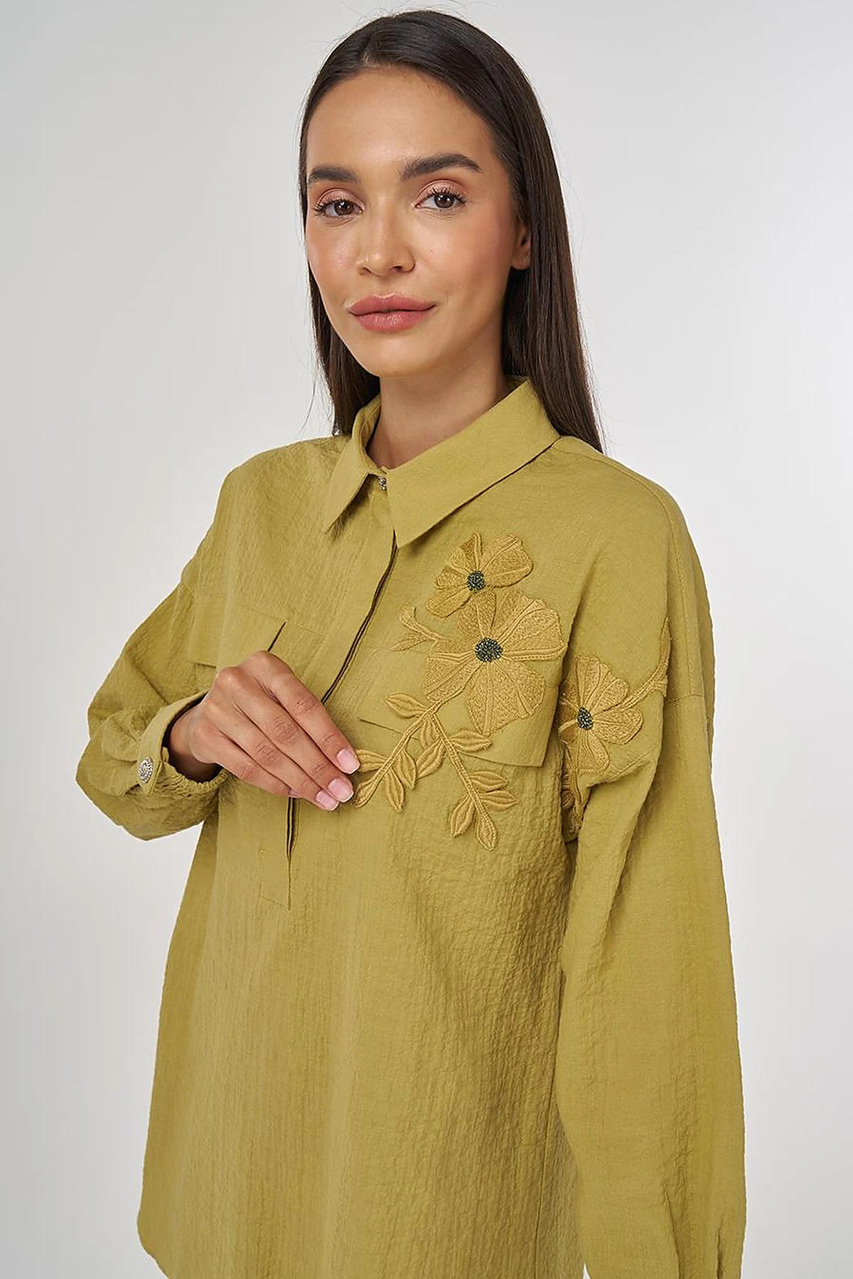 Flap-Pocket Cotton Blouse Khaki