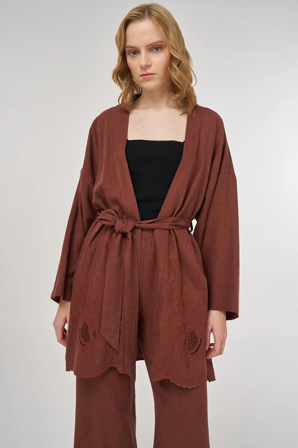 Nakış Aplikeli Keten Viskon Kimono Takım Kahve 