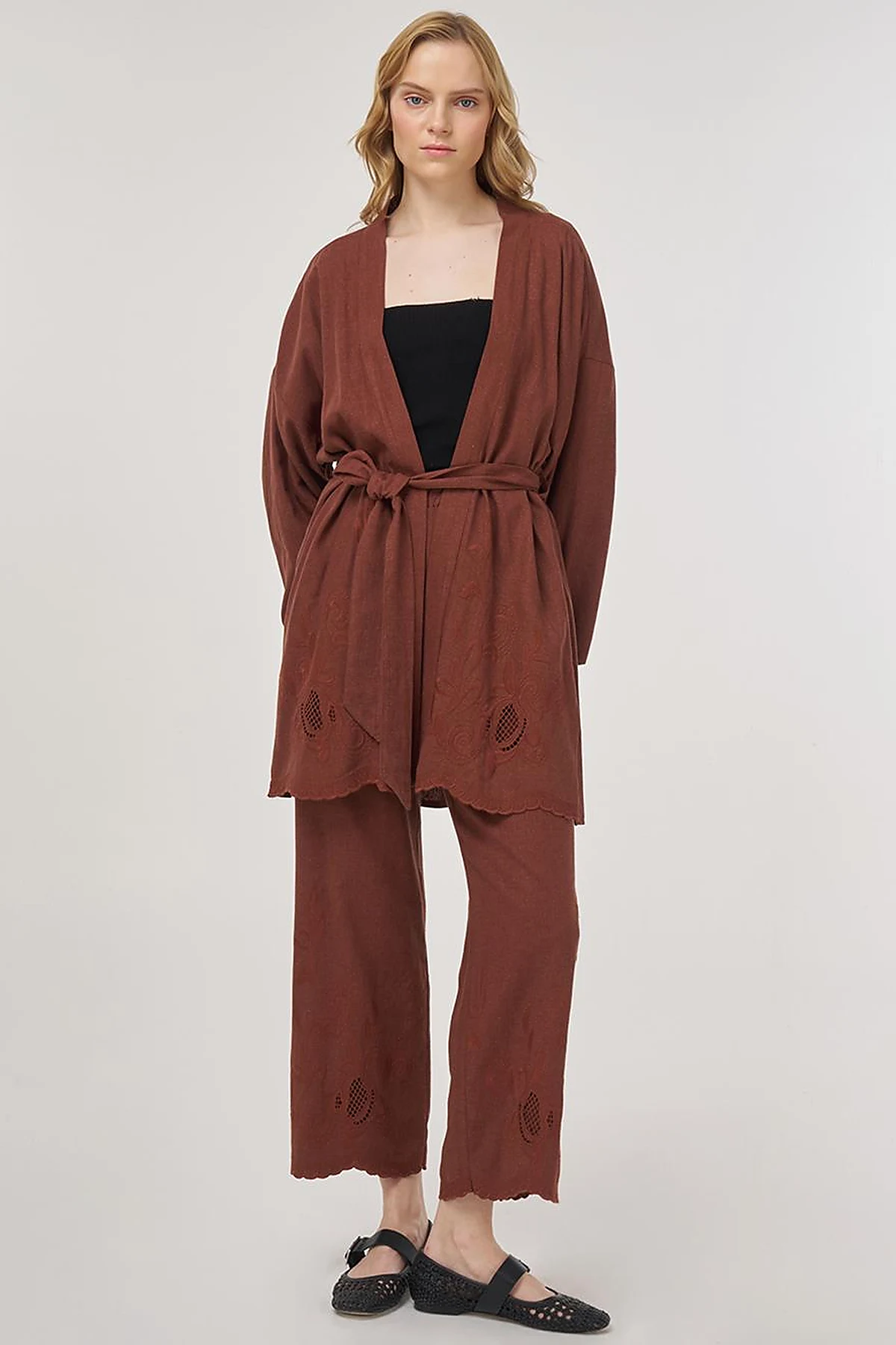 Nakış Aplikeli Keten Viskon Kimono Takım Kahve 